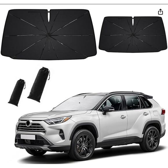 2 Pack Windshield Sun Shade - 99% UV Block, Foldable Spring 55.5×29 &  59 ×32.5 - Picture 1 of 6